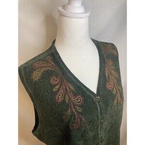 Cottagecore Cabin Granny Embroidered Sweater Vest L Green Lagenlook Vintage